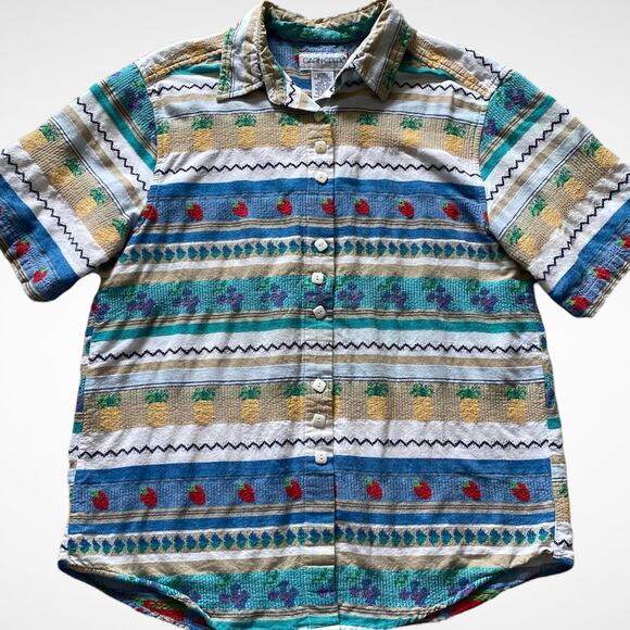 Cabin Creek Fruits Striped Textured Button-up Shirt Sz L - Picture 3 of 10
